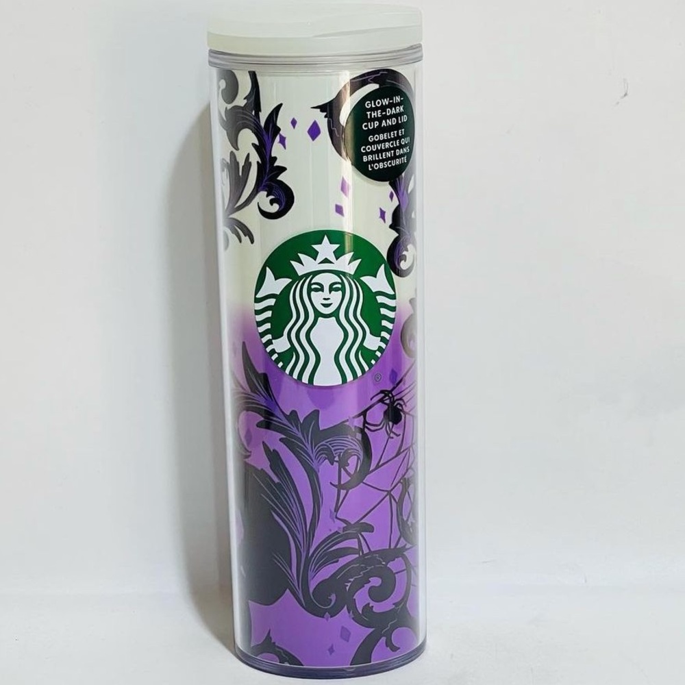 Starbucks Halloween Glow-In-The-Dark Tumbler Purple Cat & Spider Web NEW